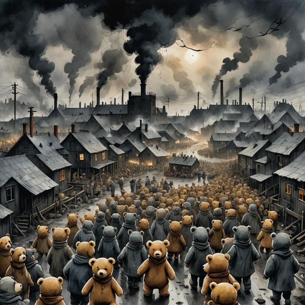 Dystopian Teddy Bear Camp in Watercolor Style