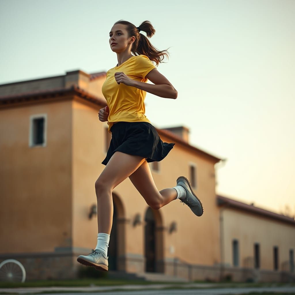 Female Runner Leaping Before Spanish Building, Hyperrealisti...