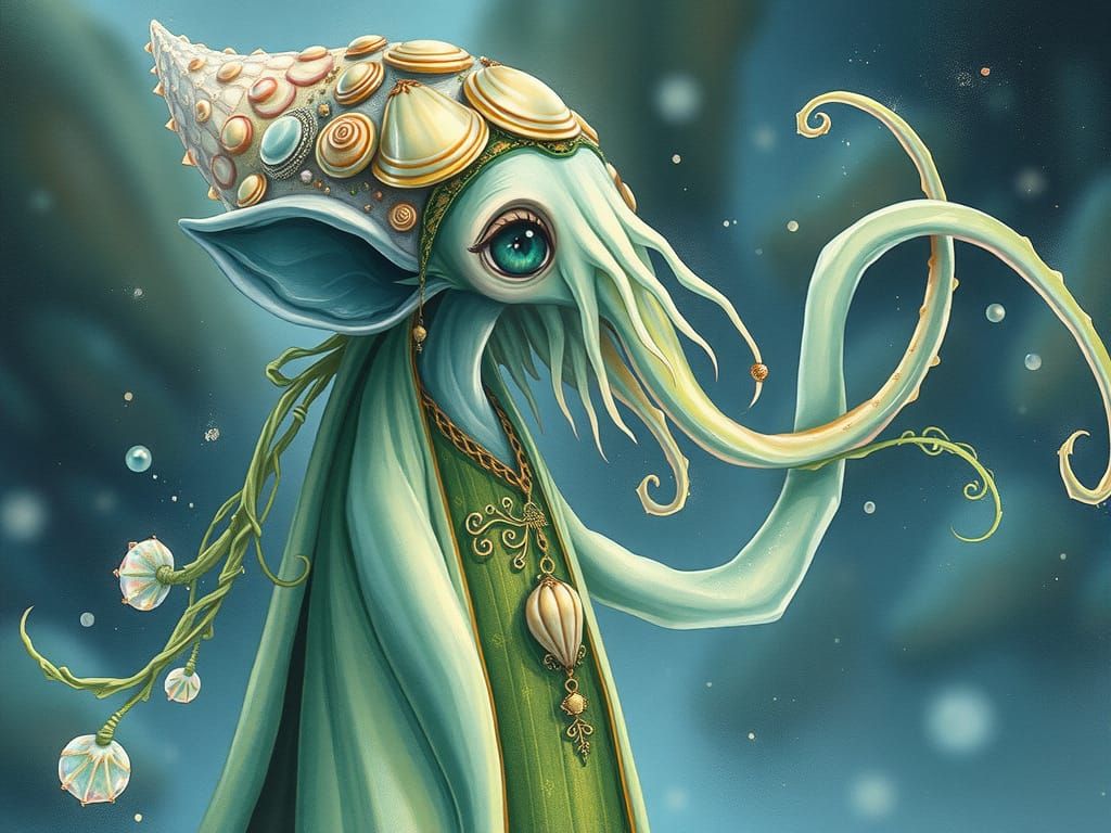 Mythical Squid-Elf Hybrid in Watercolor Style