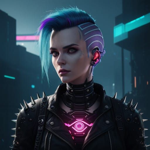 Cyberpunk Goddess with Neon-Lit Victorian Doll Face