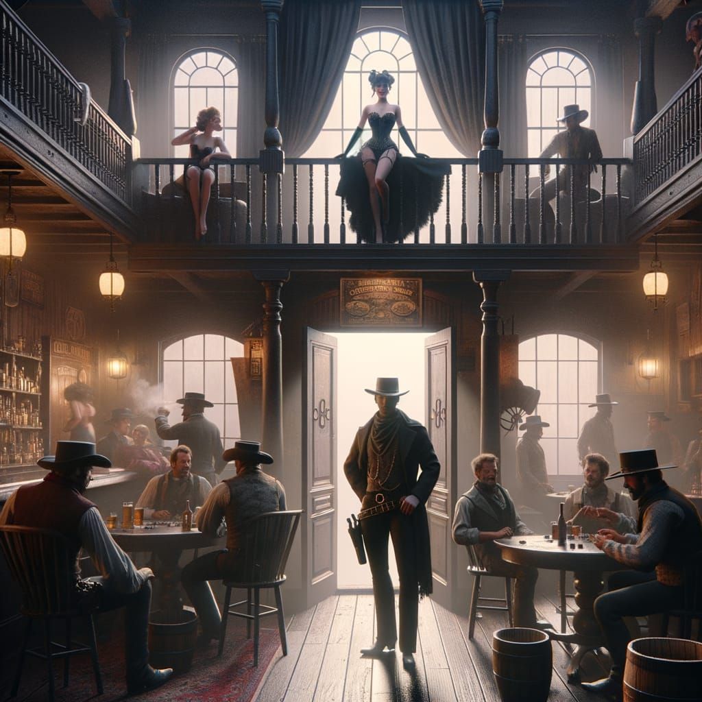 Saloon Scene with Showgirl and Cowboys in 8k