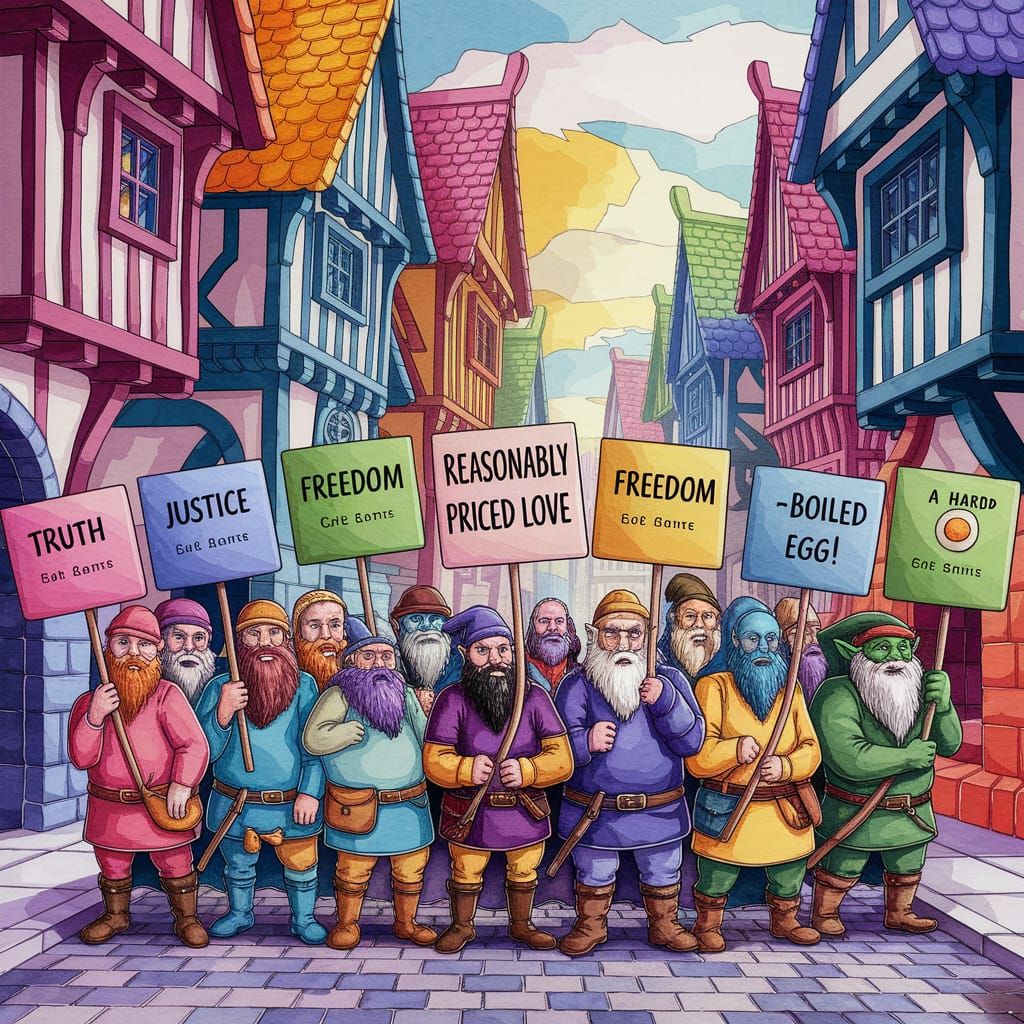 Discworld Protest in Vibrant Watercolor Style