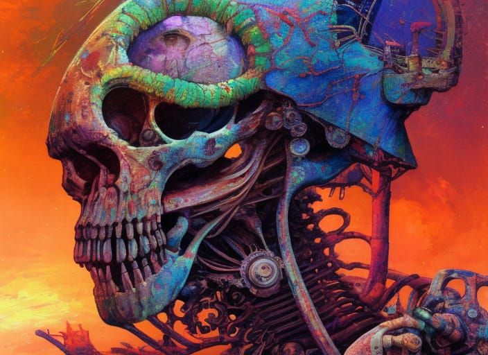 A Psychedelic Portrait Painting of Phyrexian wearing Skull Mask