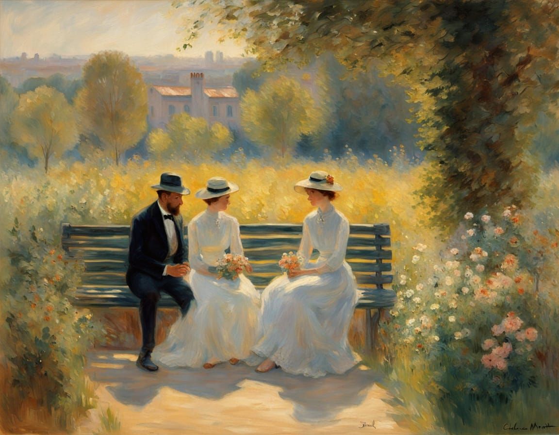 Friends Basking in Golden Light on a Serene Garden Bench