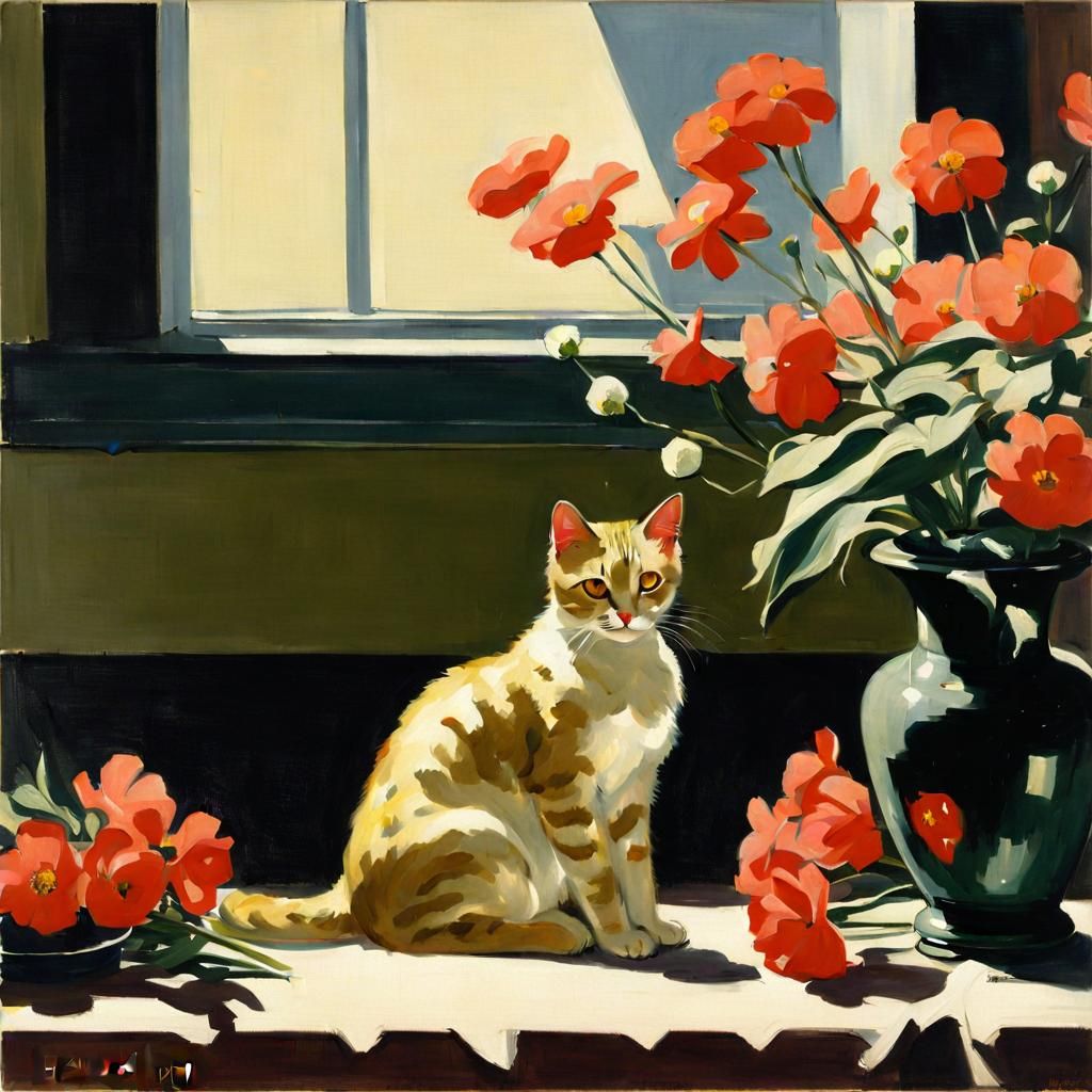 Cat with Flowers in Social Realism Style