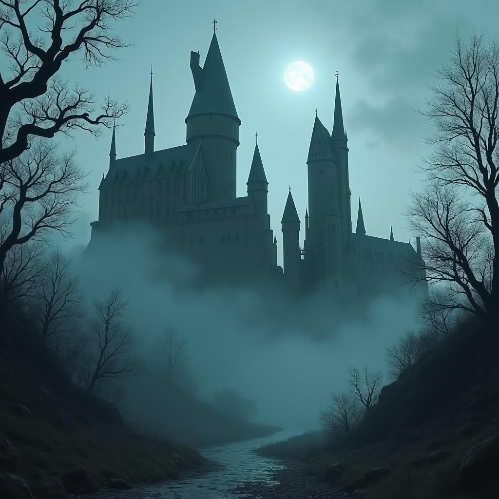 Eerie Hogwarts Castle in Dark Whimsical Style