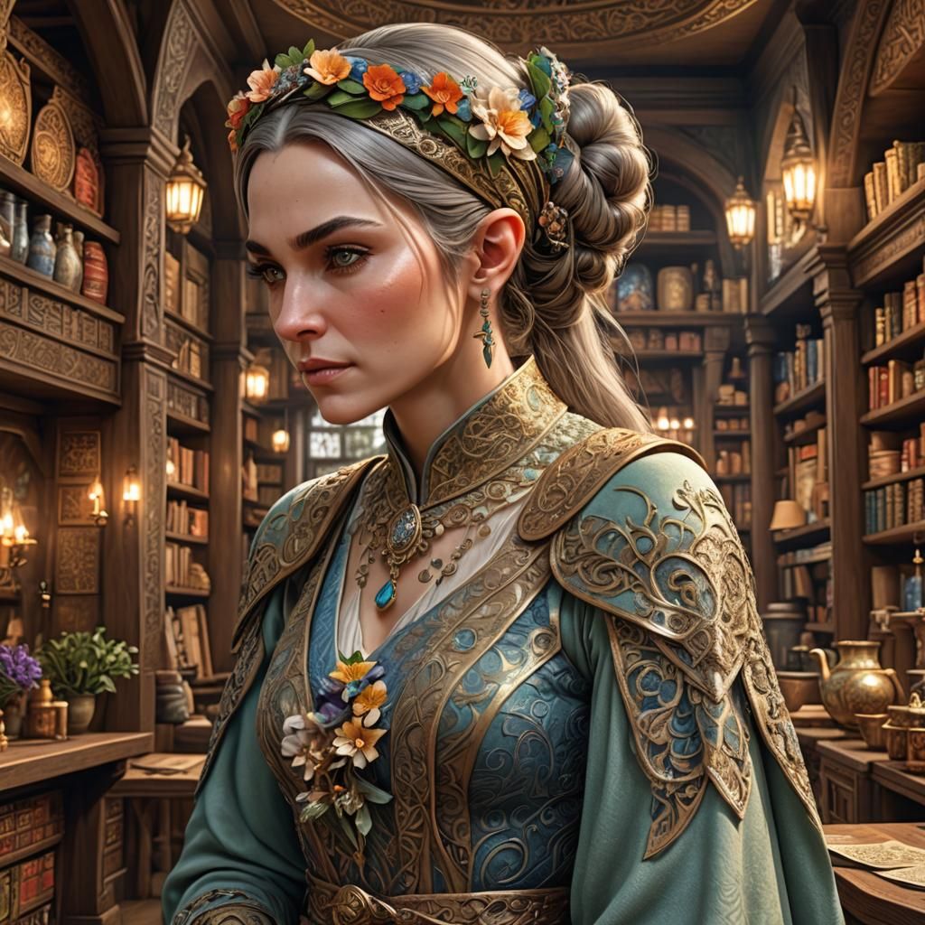 Stylish Elven Shopkeeper in Medieval Clothing Shop