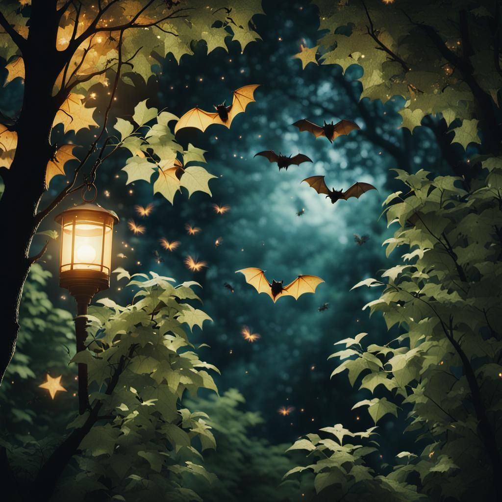 Bats Hunting Insects in Starry Forest: Cinematic Still