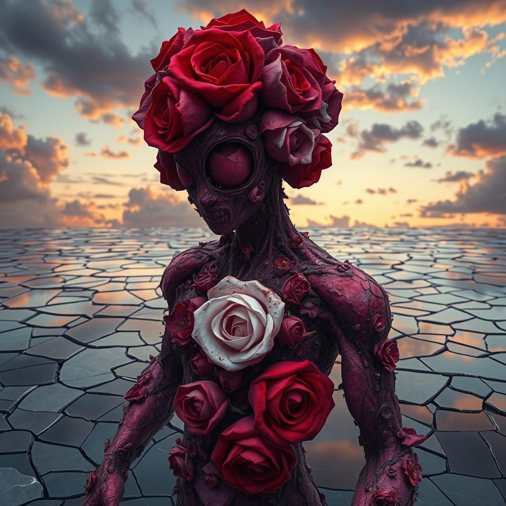 Surreal Rose Entity in Dreamlike Glass Landscape with Vibran...