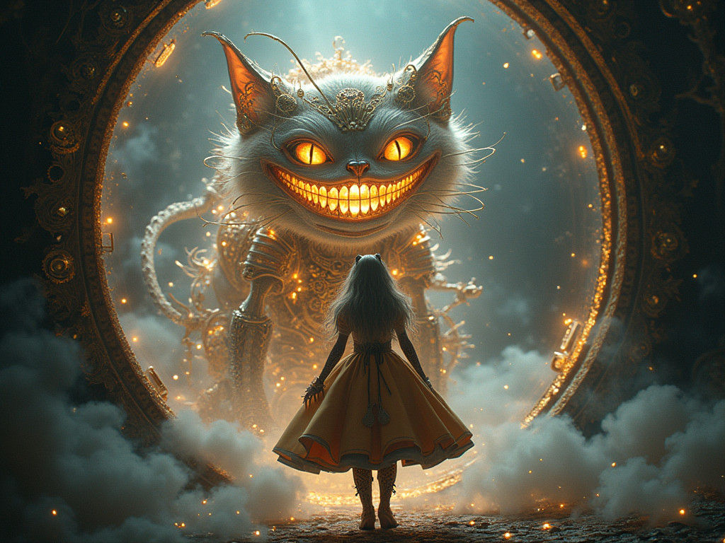 Steampunk Alice in Wonderland with Mechanical Cheshire Cat