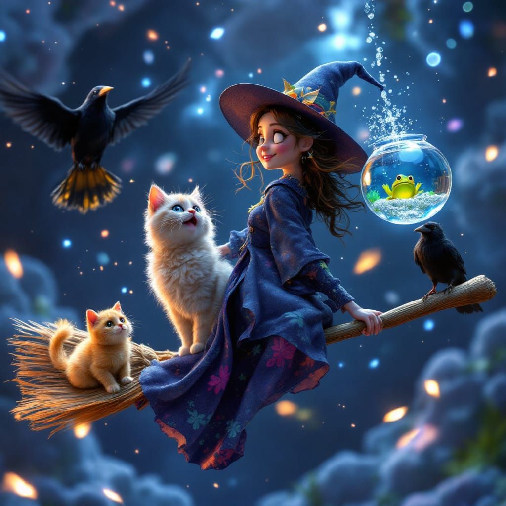 Whimsical Witch Flies Through Starry Night on Broomstick wit...