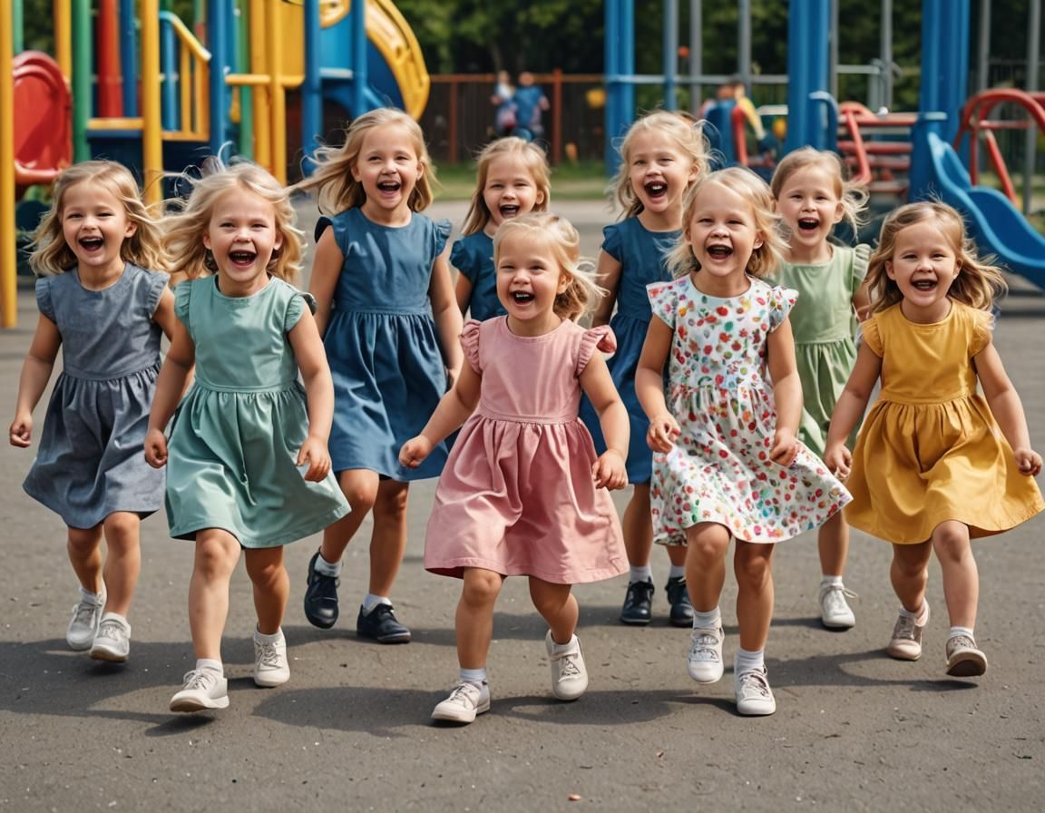 Girls Playing in School Playground: Photorealistic Full Colo...