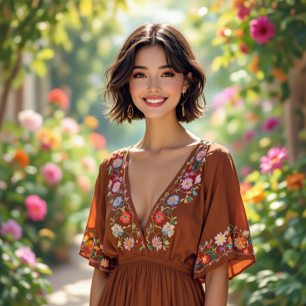 Woman in Garden: Whimsical Digital Art