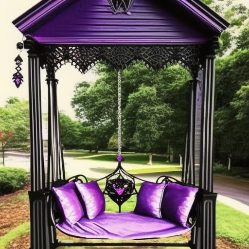 Beautiful gothic purple porch swing with black accents& gothic vibes& ethereal vibes& dark fantasy vibes& magical vibes&...