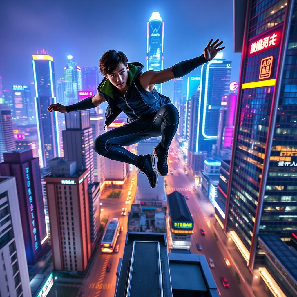 A man doing COOL flips on a tall building i n Hong Kong.