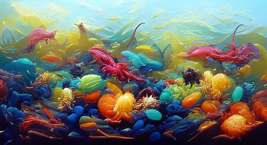Colorful Marine Life in Warm Ocean, Oil Painting