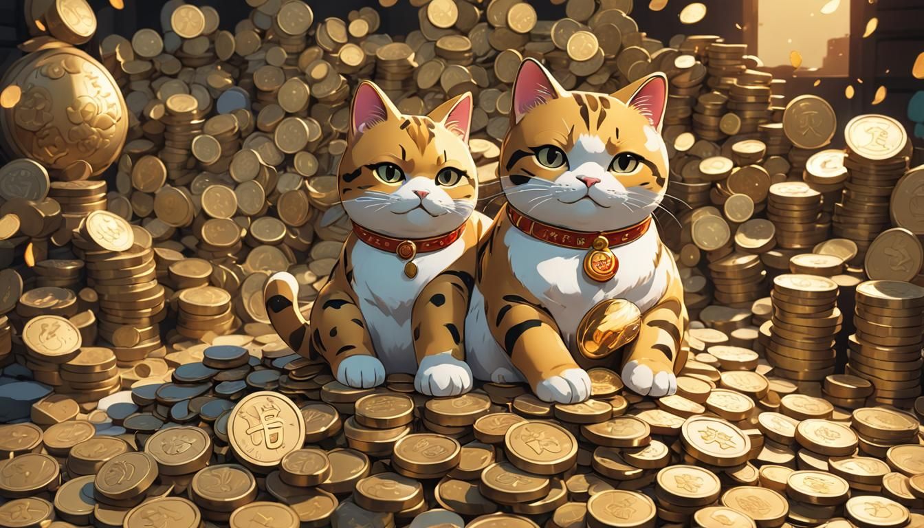 Lucky Cat on Coins: Flat Anime Illustration