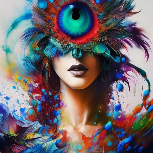 Colorful Peacock with Dripping Ink Feathers