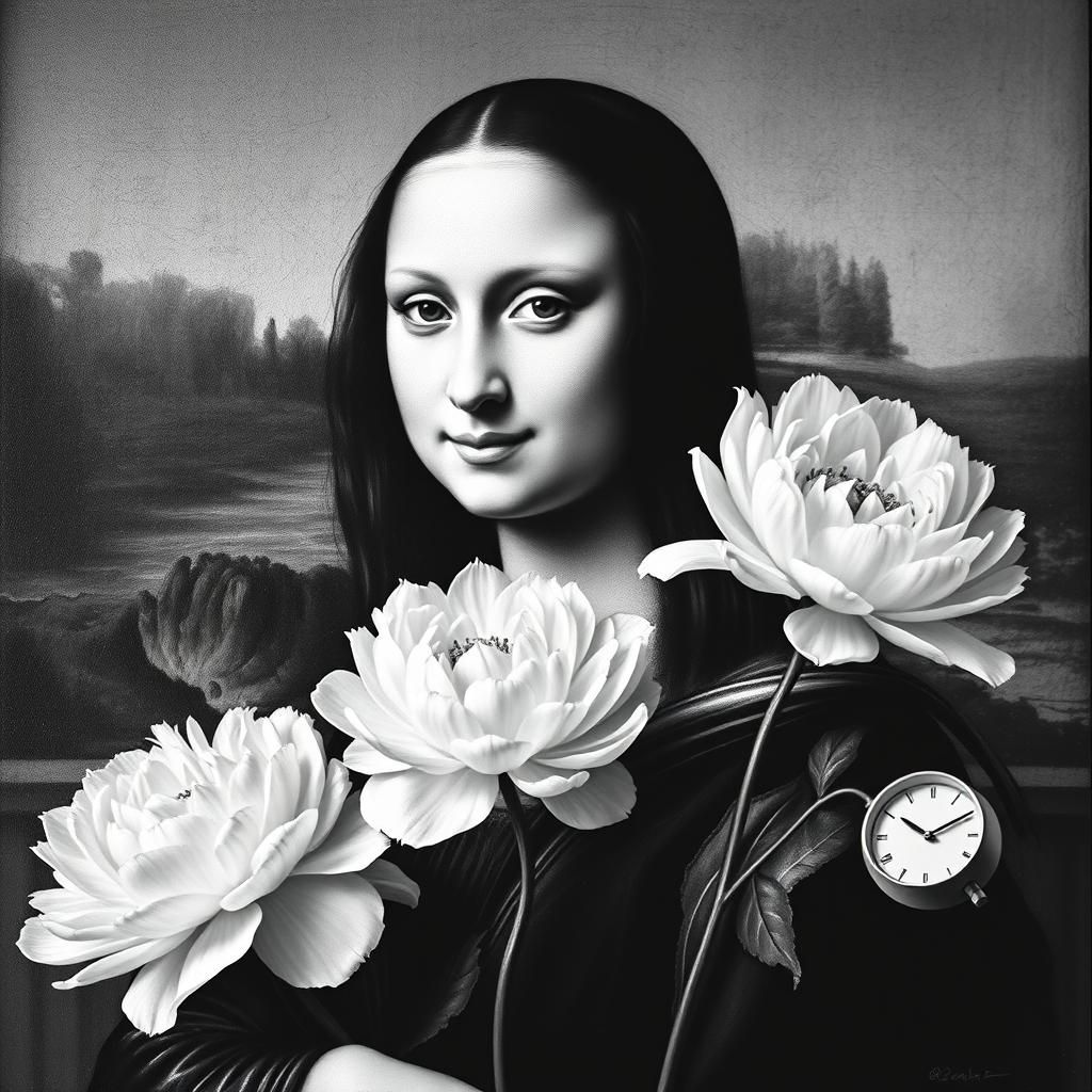 Klimt-Inspired Mona Lisa with White Peonies