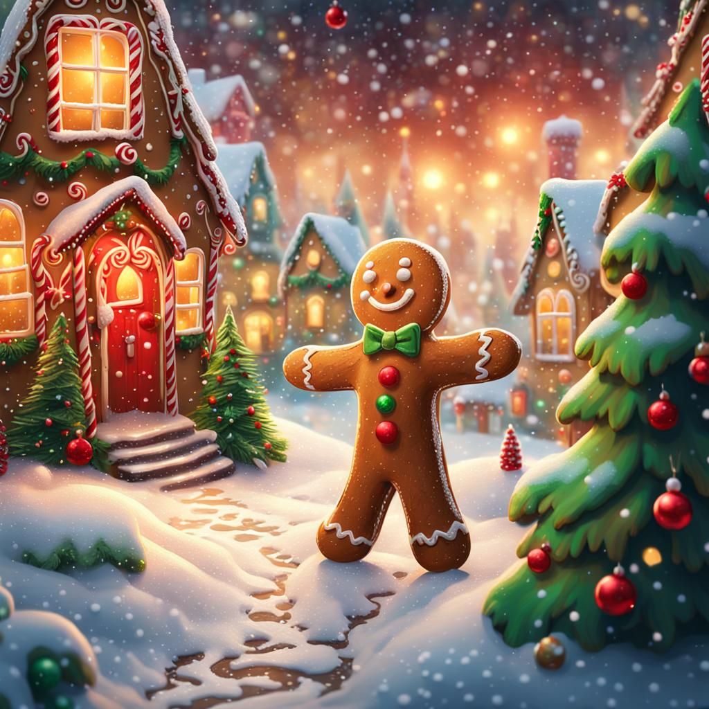 Gingerbread Man in Snowy Village: Oil Painting