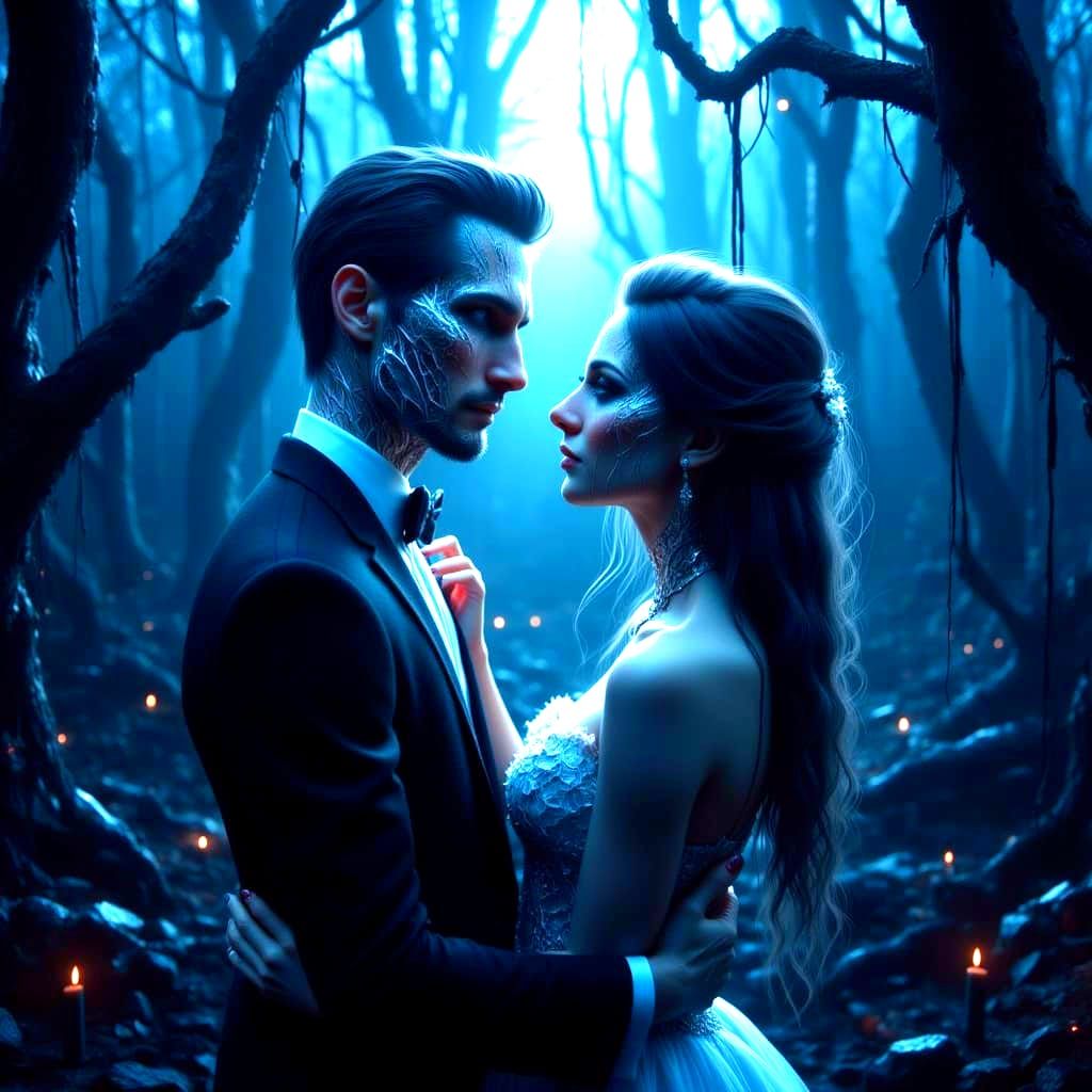 Ethereal Couple Embracing in Dark Forest