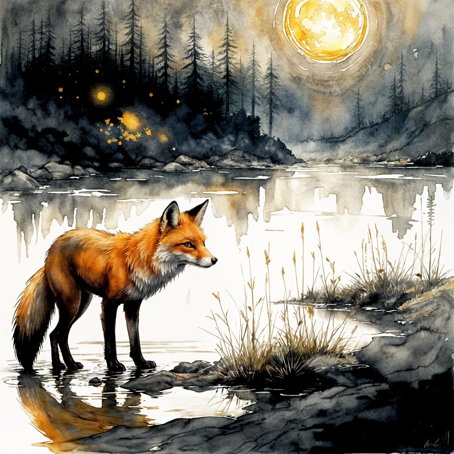 Elegant Fox by Moonlit Lake in Watercolor Ink Style