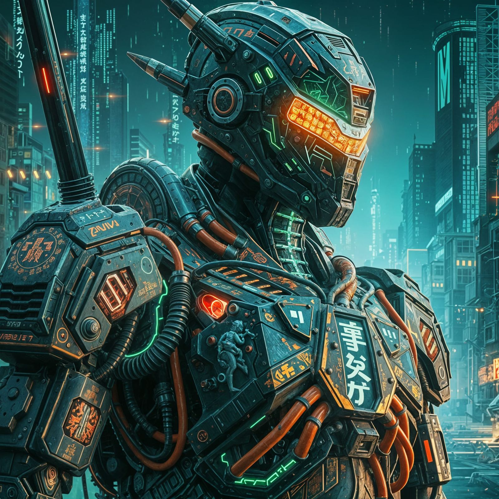 Colossal Neon Mech Portrait in Cyberpunk Style