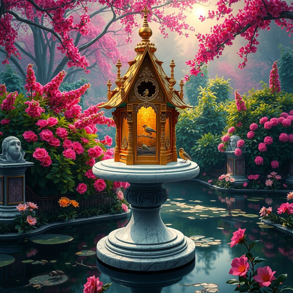 Golden Castle Birdhouse in Pond, Alcohol Ink Style