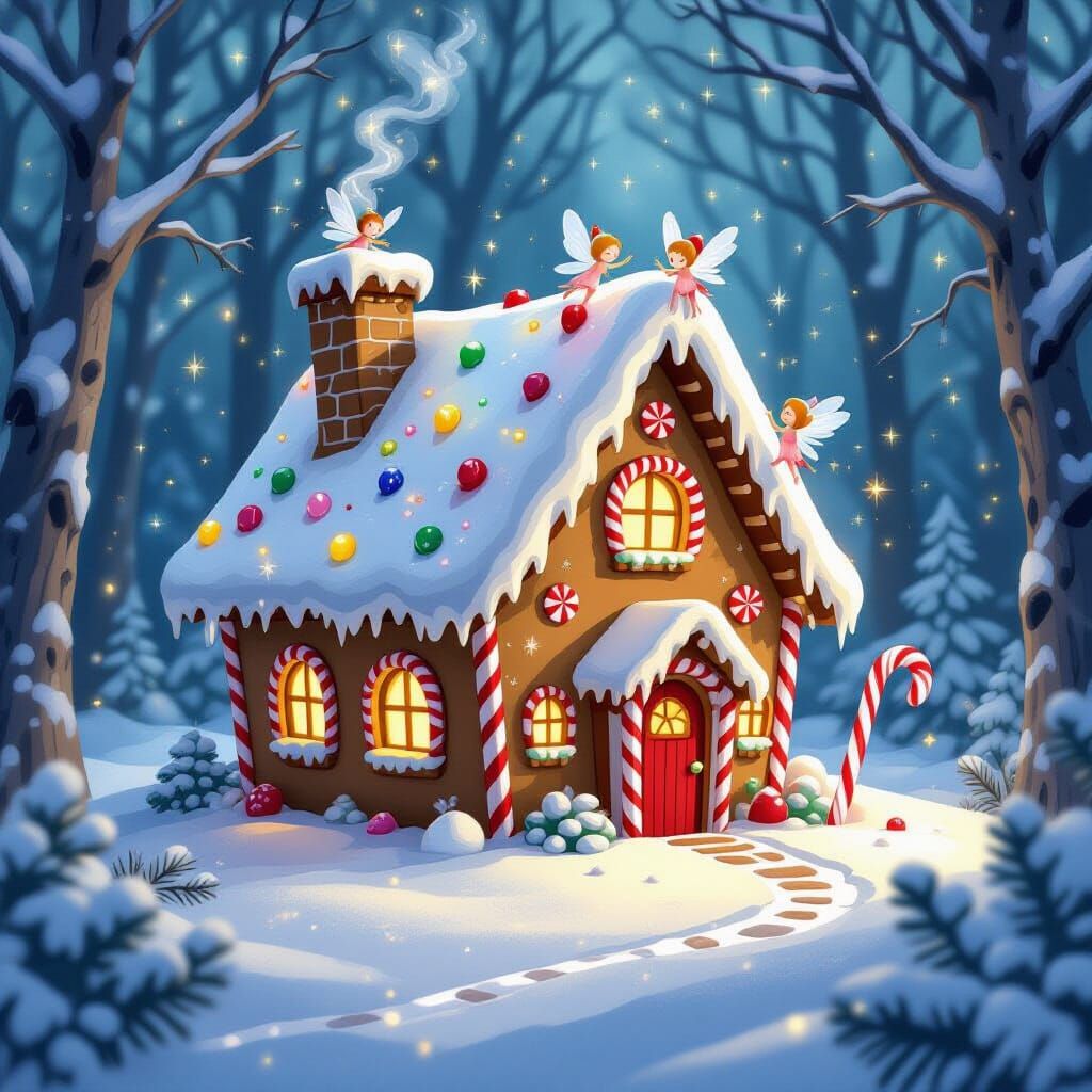 Enchanted Gingerbread House in Snowy Forest with Fairies