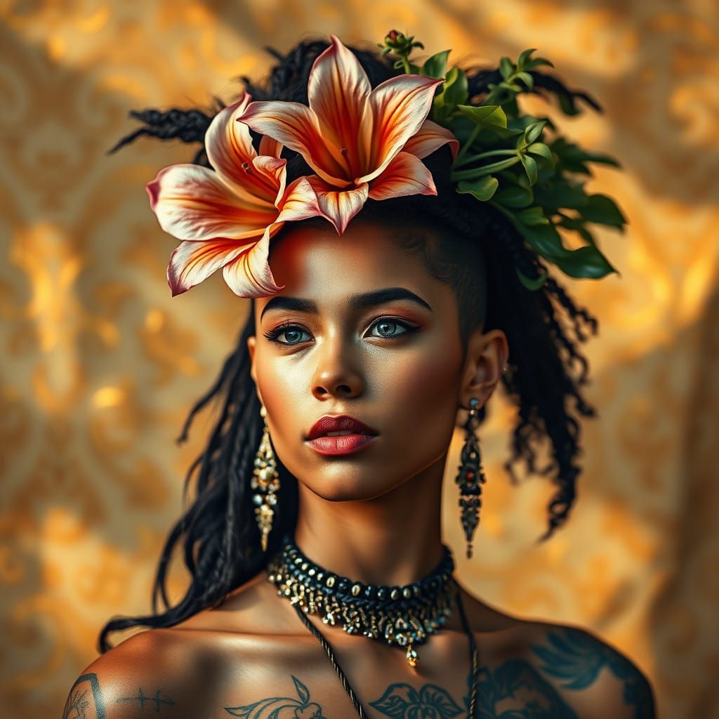 Elegant Digital Portrait in Ancient Hues and Ornate Patterns