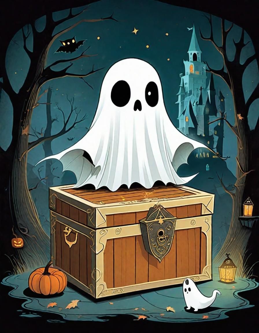 Ghost and Treasure Box in Storybook Style