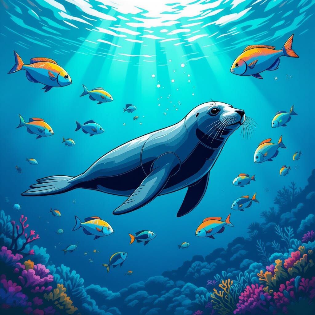 Underwater Seal in Comic Book Style