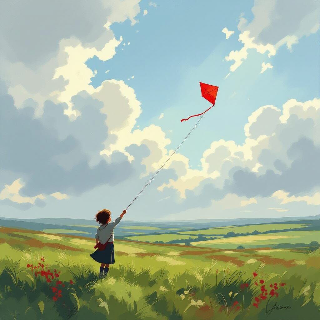 Child Flies Kite Across Moor in Painterly Landscape