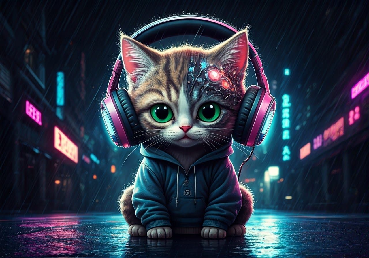 Cyberpunk Cat in Dystopian Cityscape