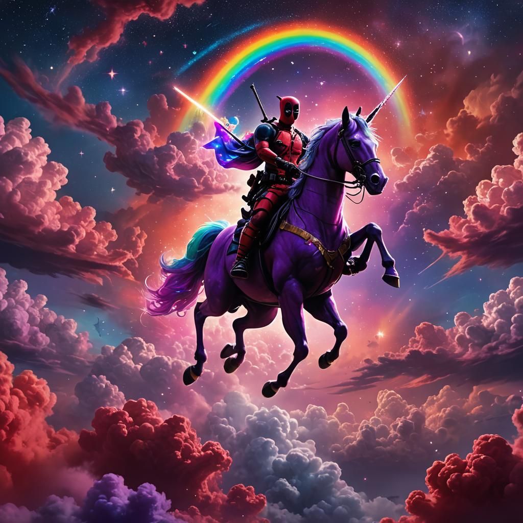 Deadpool Rides a Unicorn in Space: Fantasy Art
