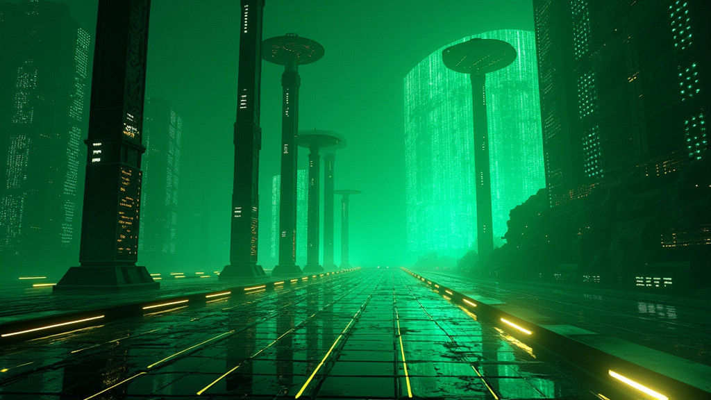 Dystopian Digital Realm with Binary Code in Cyberpunk Style