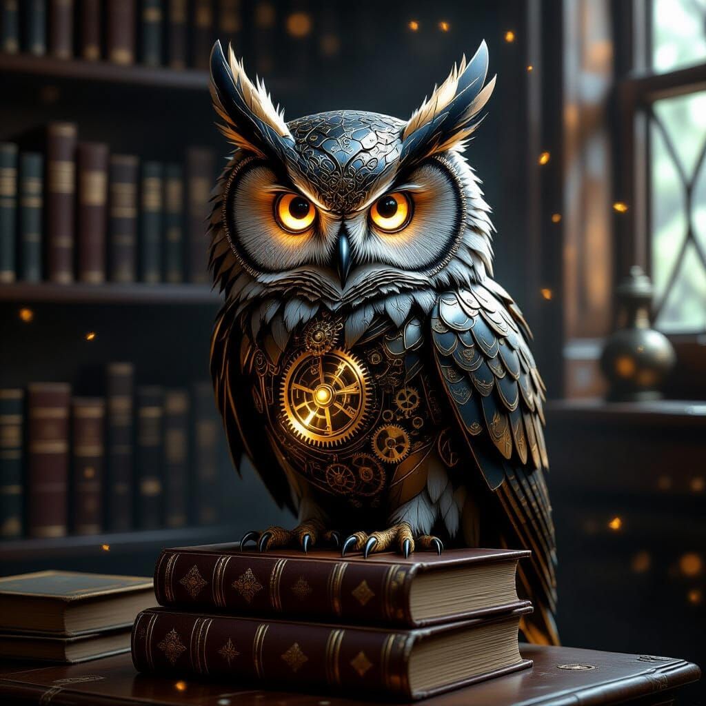 Clockwork Owl on Books in Victorian Study