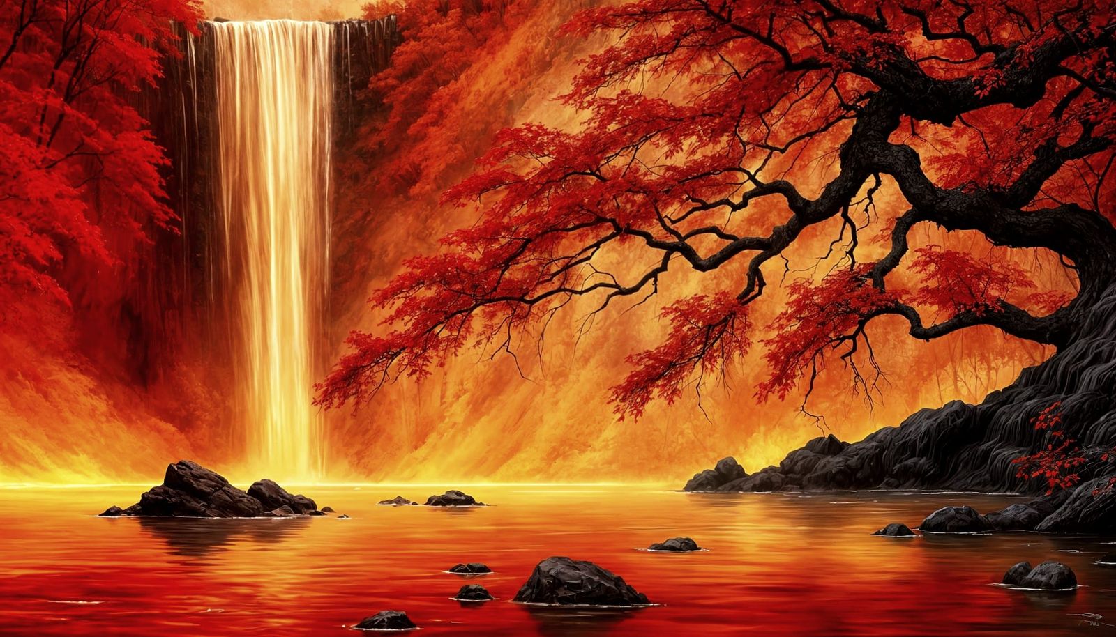 Dark Autumn Waterfall Painting