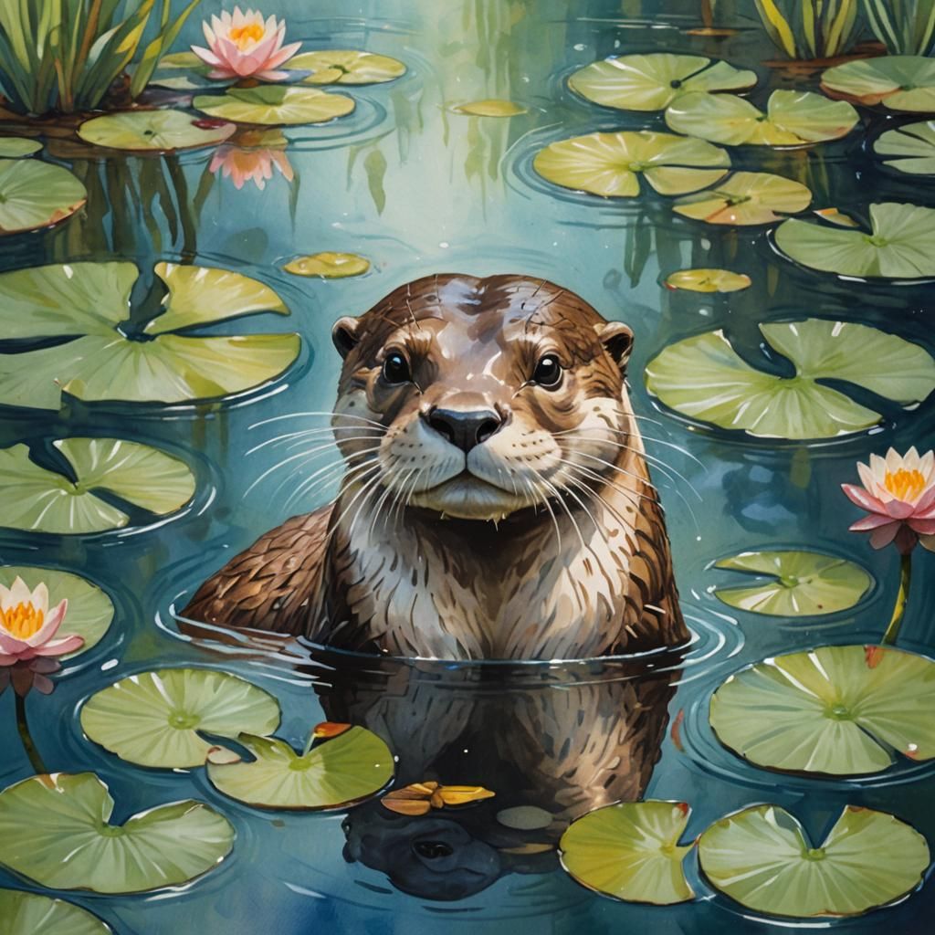 Glass Otter Among Lilies as Impasto Watercolor