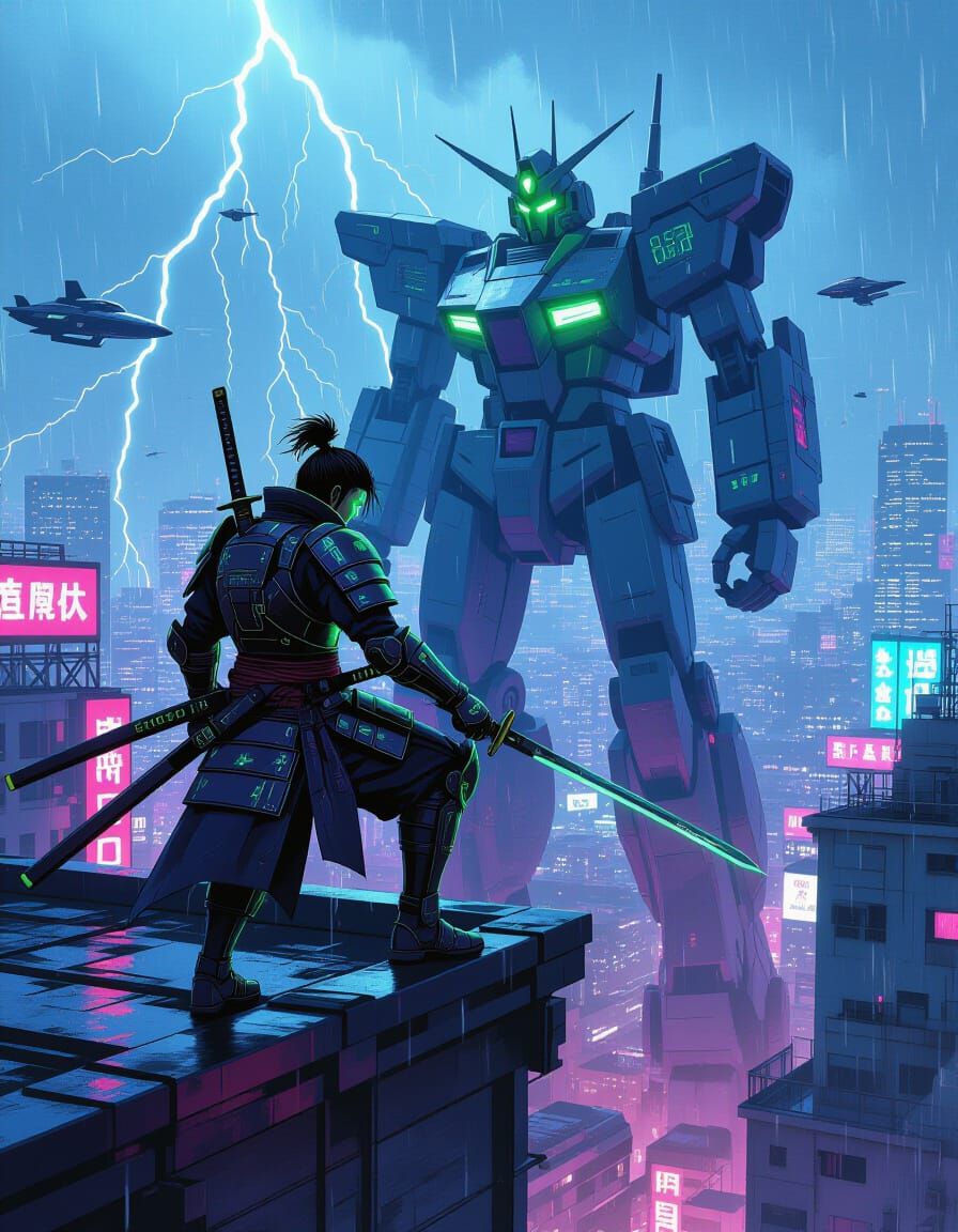 Cyberpunk Samurai on Neon Rooftop in Comic Style
