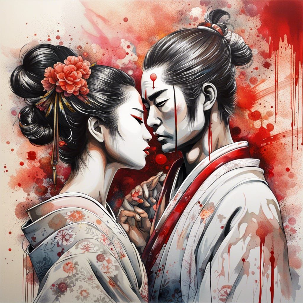 Geisha and Samurai Kiss in Watercolour Style