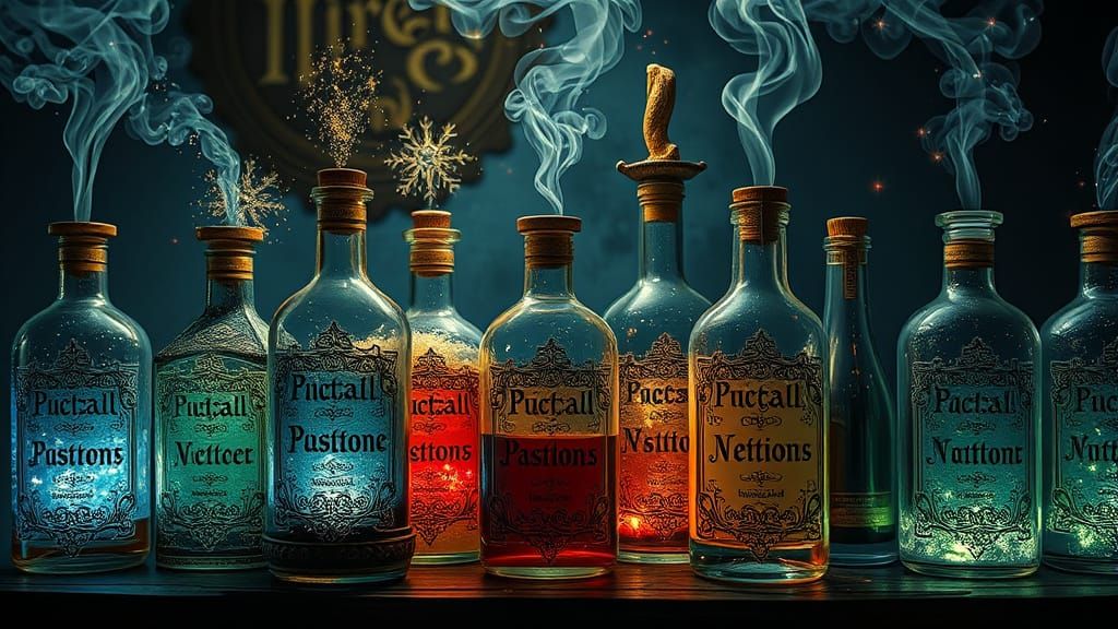 Artisanal Magic Potions Collection in Enchanting Fantasy Sty...