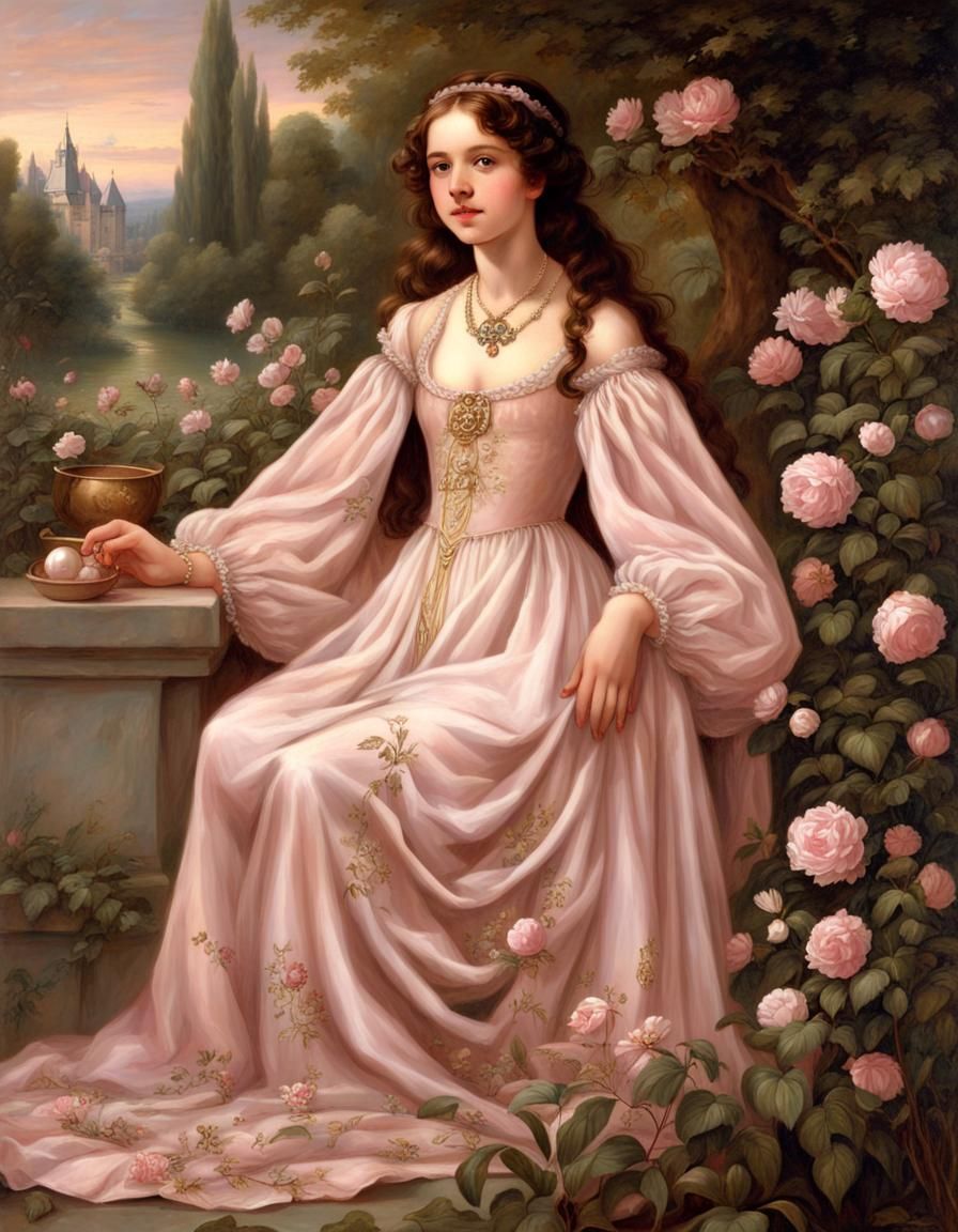 Renaissance Woman in Golden Gown in Garden