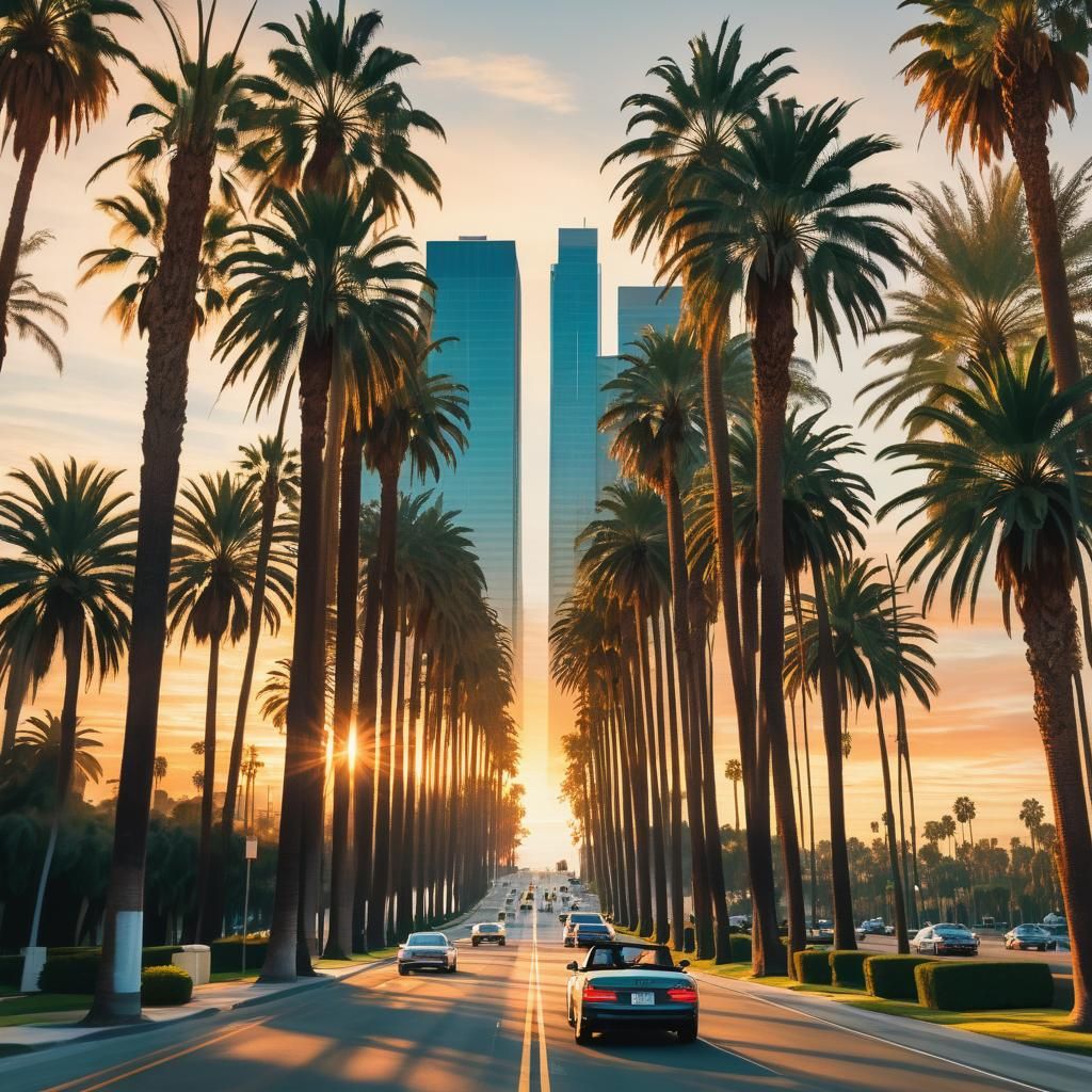 Los Angeles Sunset Drive: Palm Trees in Golden Light
