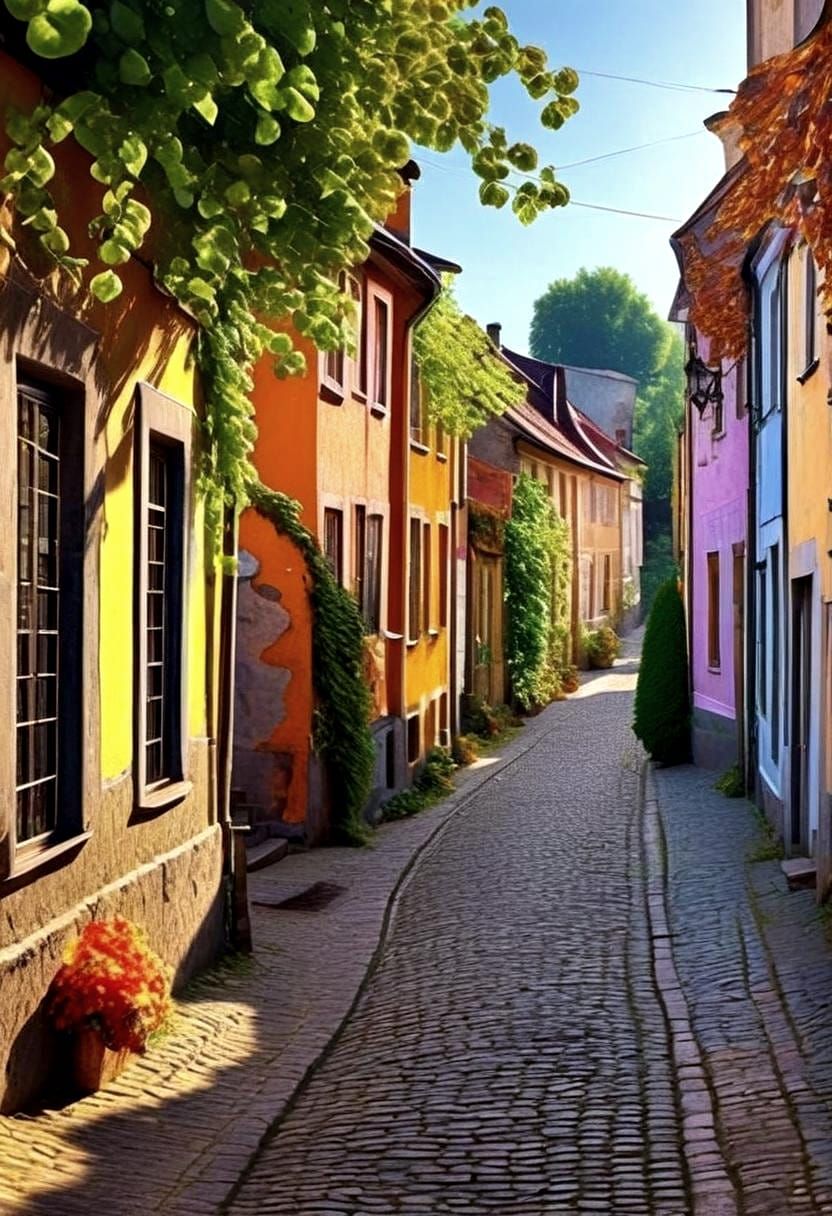 Colorful Cobbled Street Scene in 3D