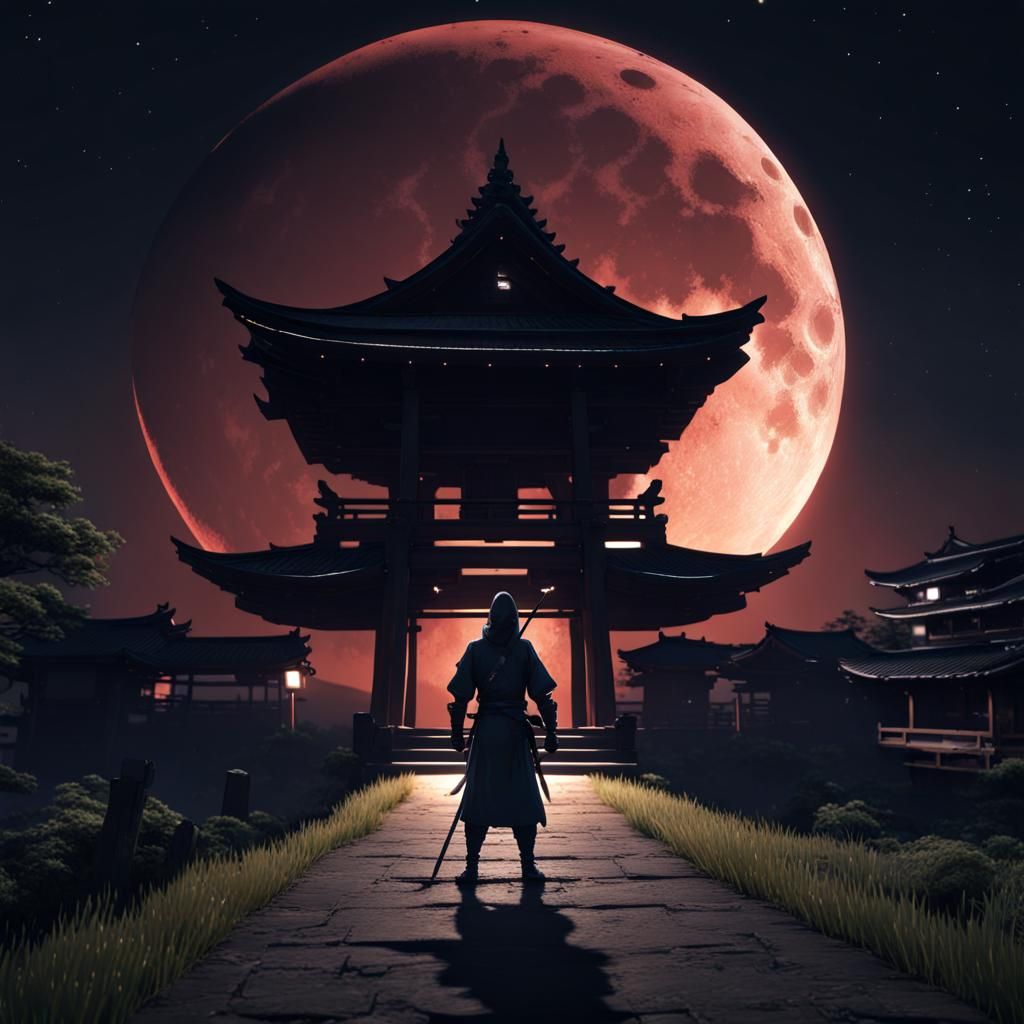 Ninja in Shadows with Katana Under Moonlight