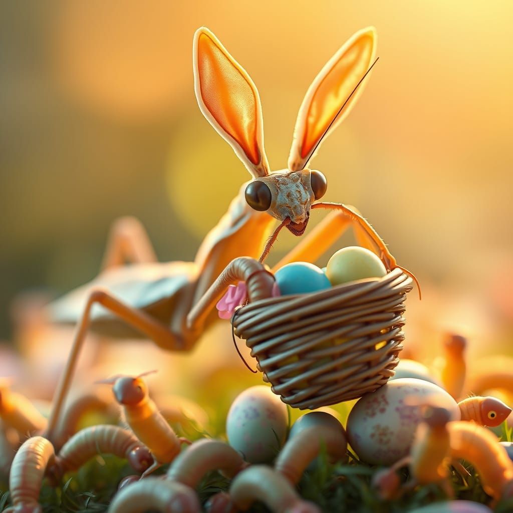 Whimsical Easter Mantis Delivers Colorful Eggs to Happy Larv...