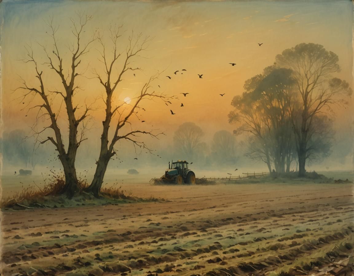 Watercolor Tractor Scene on Foggy Morning