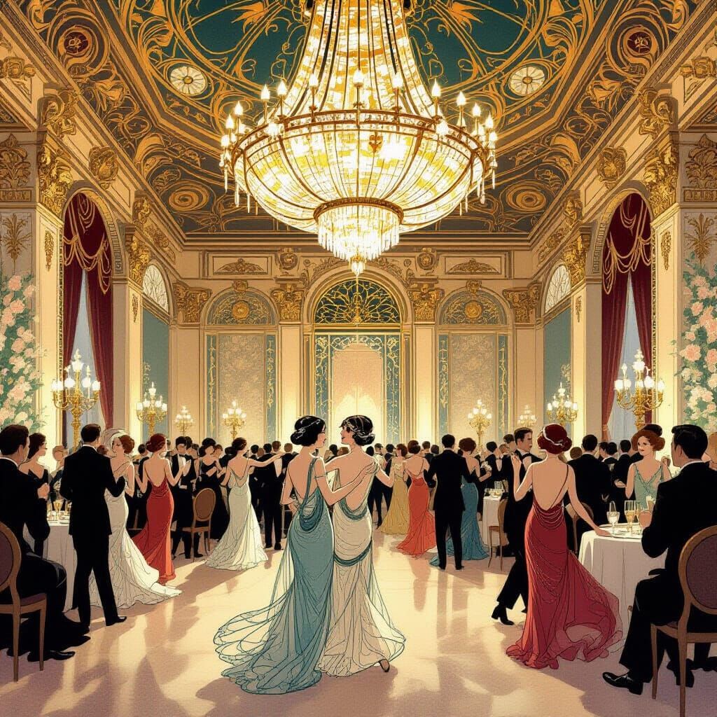Art Nouveau Ballroom Scene with 1920s Revelry