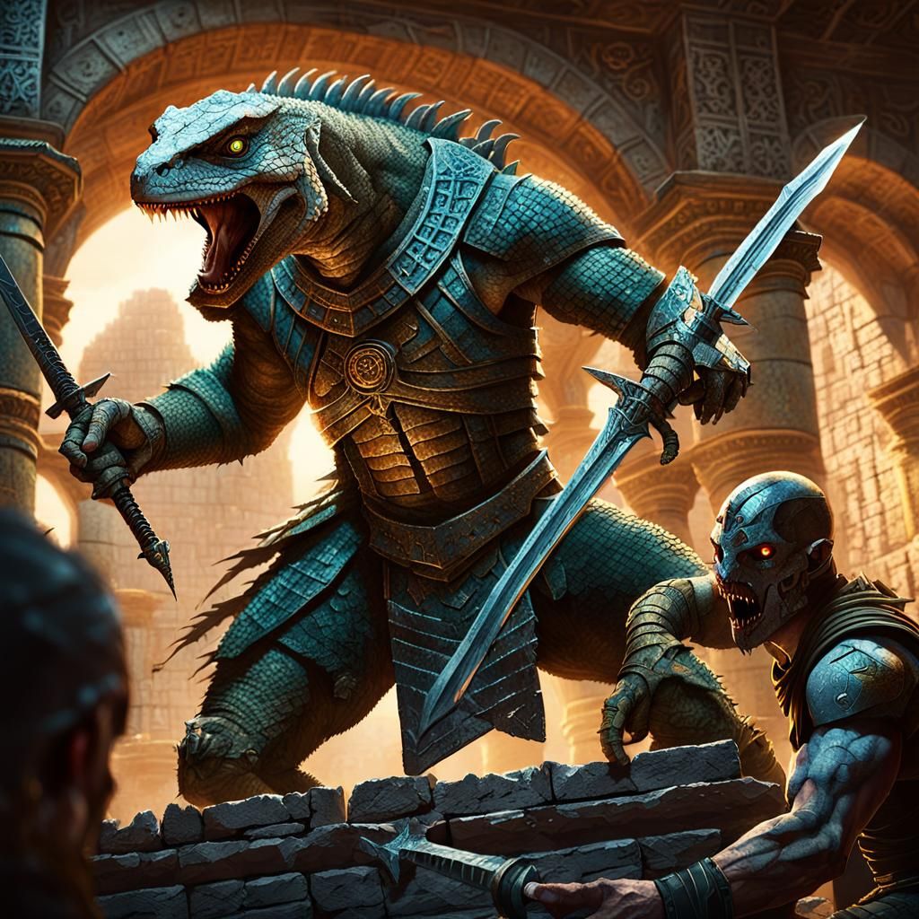 Lizard Warrior Battles Paladin in Ancient Temple